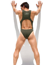 RUFSKIN Bodysuit Flynn Cotton Stretch Ribbed Knit Exoosing Back Cut - Out Olive 688