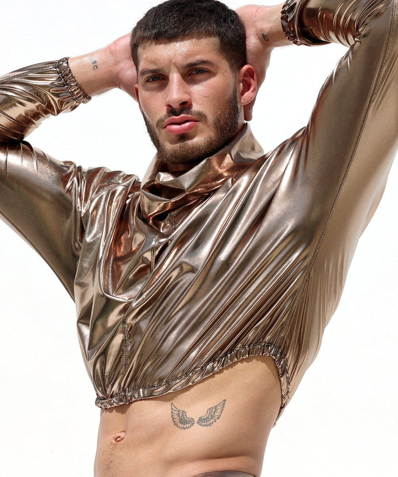 RUFSKIN Cropped Top Long Sleeve Turtle Neck Pule Over Woven Spandex Oro Bronze