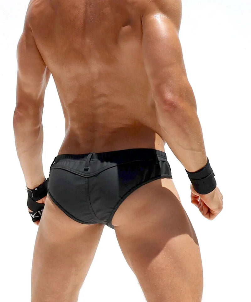 RUFSKIN STUD Briefs Rubberized Matte Black Spandex Back Yoke Faux Fly 246