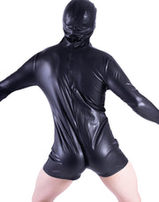 SMU fashion WETLOOK Hooded Body suit singlet Shiny Black 23252 10