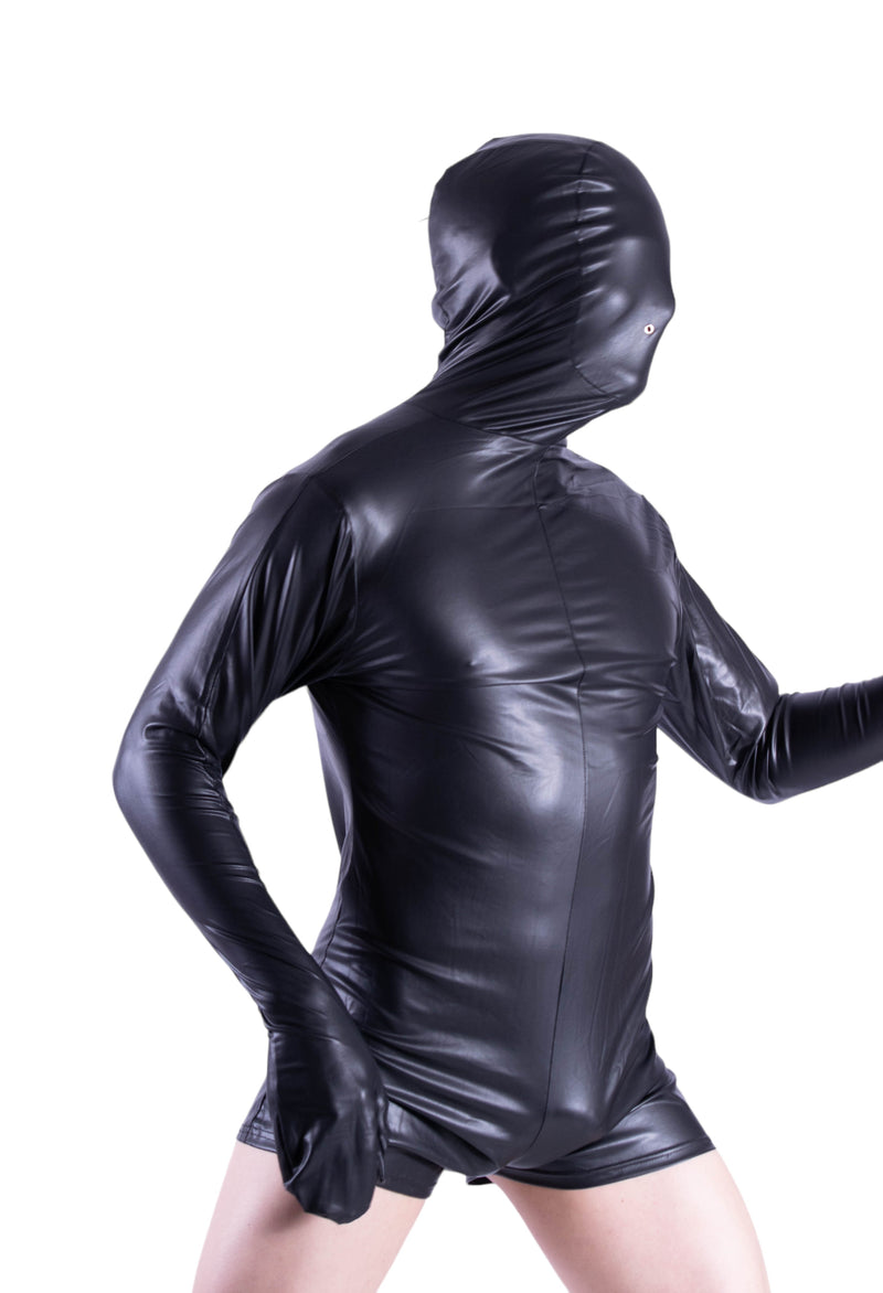 SMU fashion WETLOOK Hooded Body suit singlet Shiny Black 23252 10