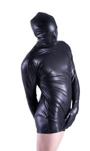 SMU fashion WETLOOK Hooded Body suit singlet Shiny Black 23252 10