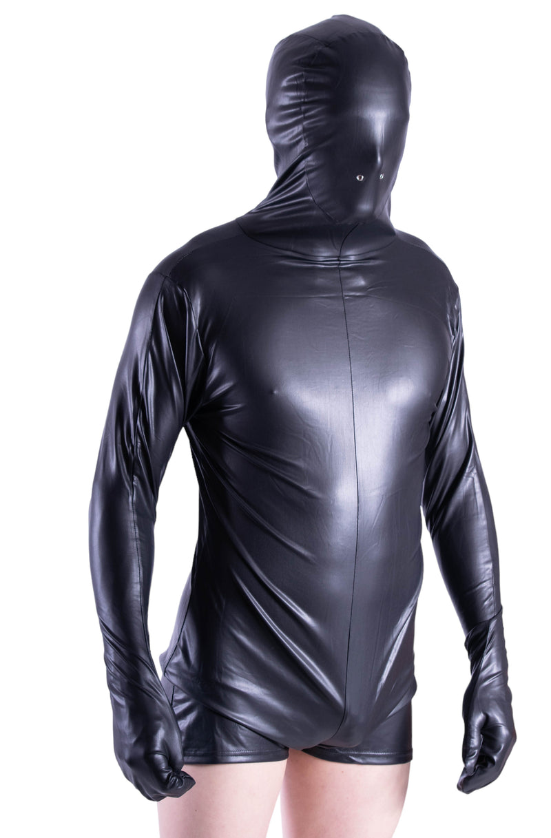 SMU fashion WETLOOK Hooded Body suit singlet Shiny Black 23252 10