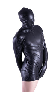 SMU Singlet Fashion Wet - Looked Bodysuit Hooded Shiny Black 23252 101