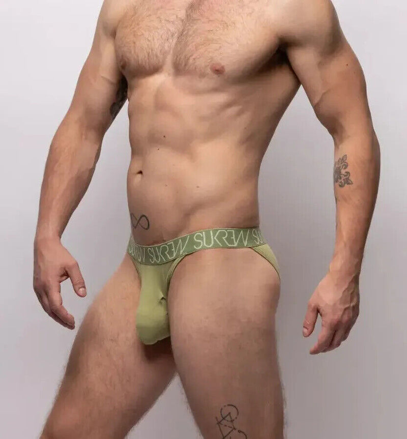 SUKREW Cotton Tanga Briefs Large Contoured Pouch Unlined Open Sides Khaki 1