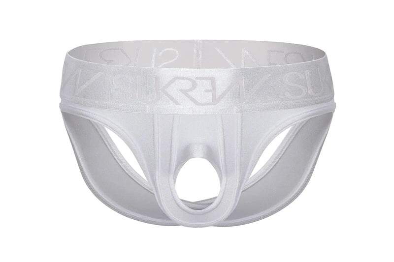 SUKREW U - Style V - Brief Open Front and Two Back Straps in White Shimmer 381