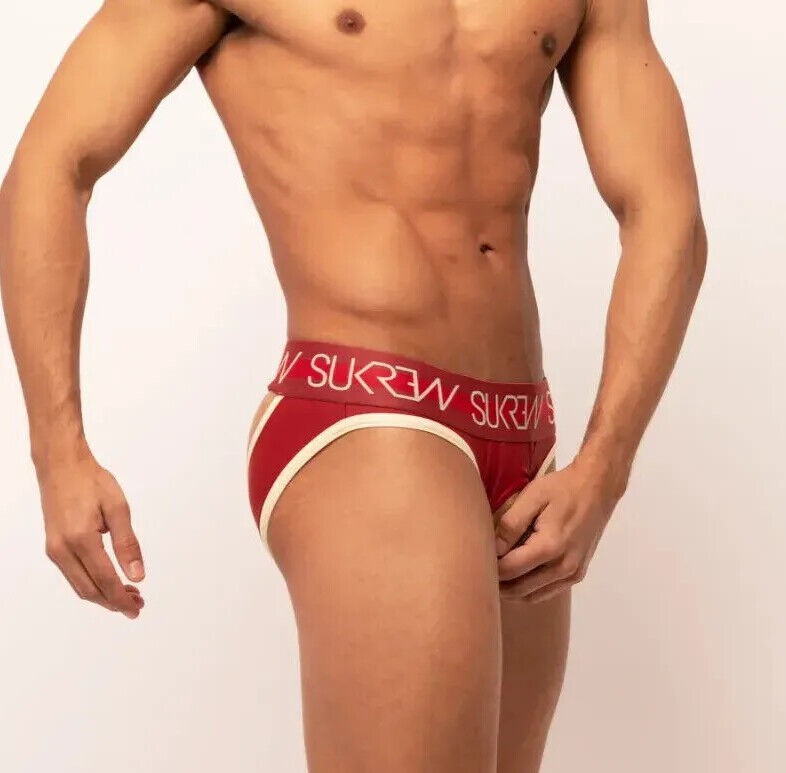 SUKREW U-Style V-Briefs Front Opening & Two Back Lifting Straps Burgundy/Cream