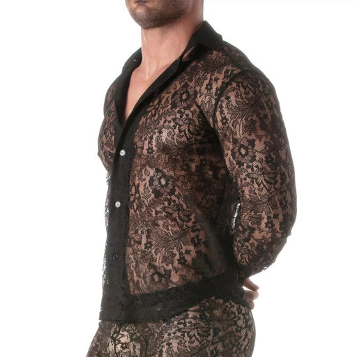 TOF PARIS Floral Lace Long Sleeves Shirt Satin Italian Collar Black 141