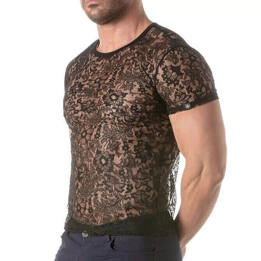 TOF PARIS Floral Lace T-Shirt Round Neck Semi - Sheer Black 142