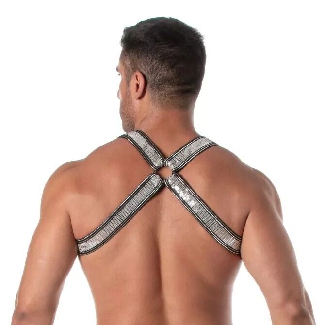 TOF PARIS Glitter Bulldog Elastic Harness Lurex Trim H - Shaped Sparkle Silver 533