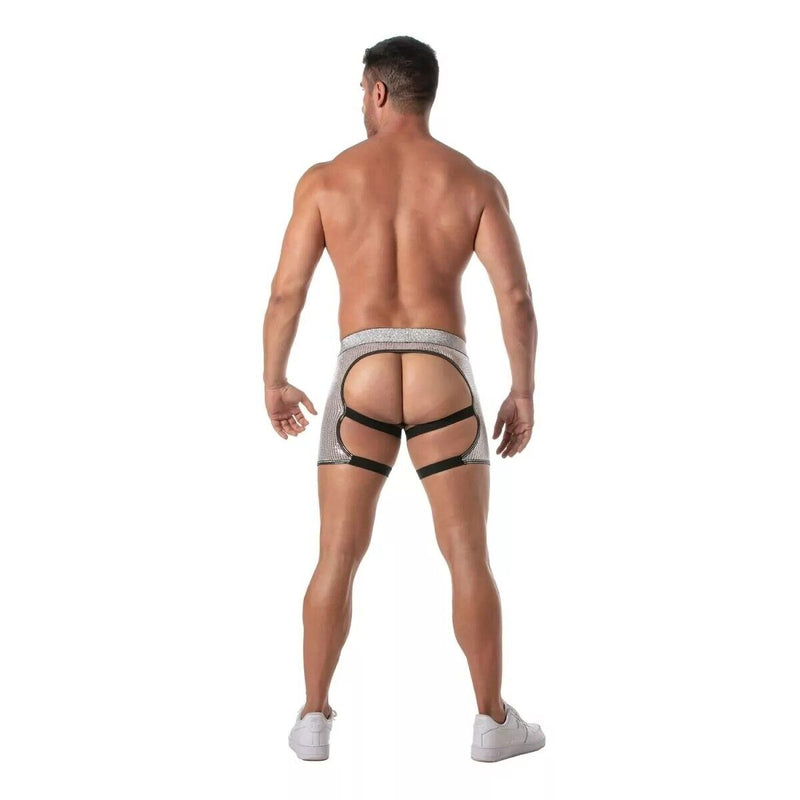 TOF PARIS Glitter Shorty Chaps Elastic Bands Open Front Laminated Silver 744