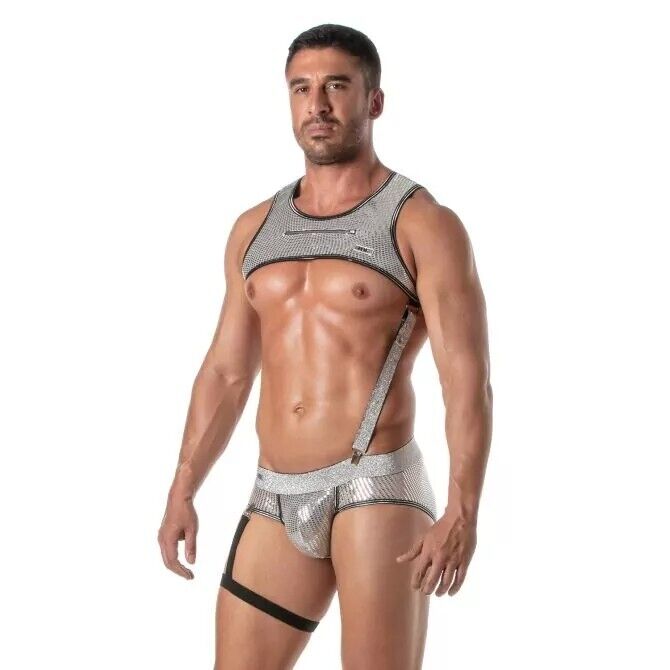 TOF PARIS Glitter Zipped Harness Deep Pocket Crop - Top Lurex Trim Silver 533