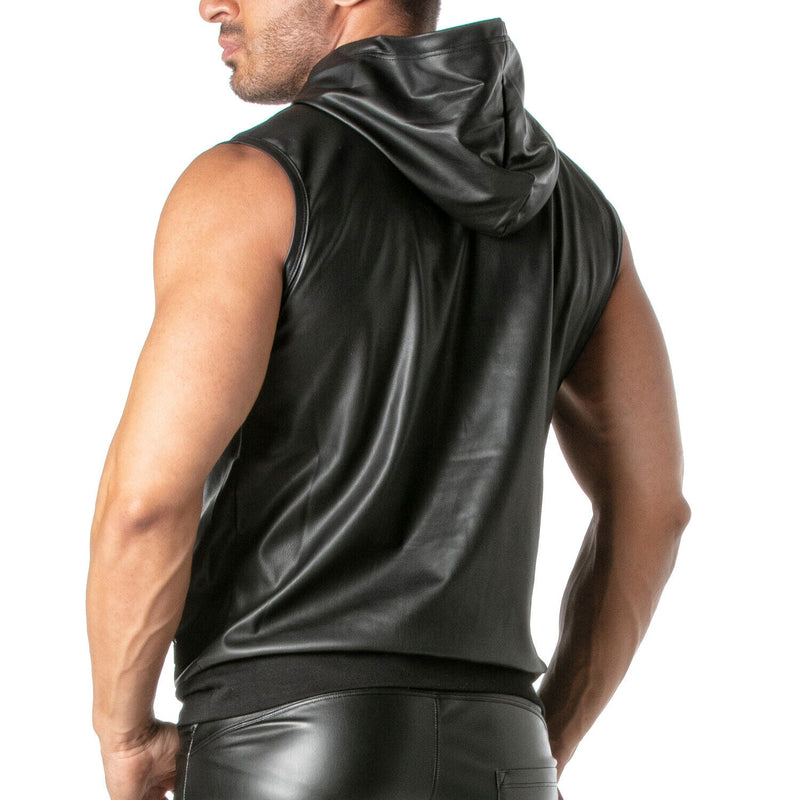 TOF PARIS Kinky Sleeveless hoodie Tank Faux Leather, Large Zipped Pocket 452