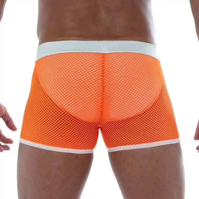 TOF PARIS Mesh Shorts Low - rise Boxer Short Unlined Fishnets in Orange Neon 174
