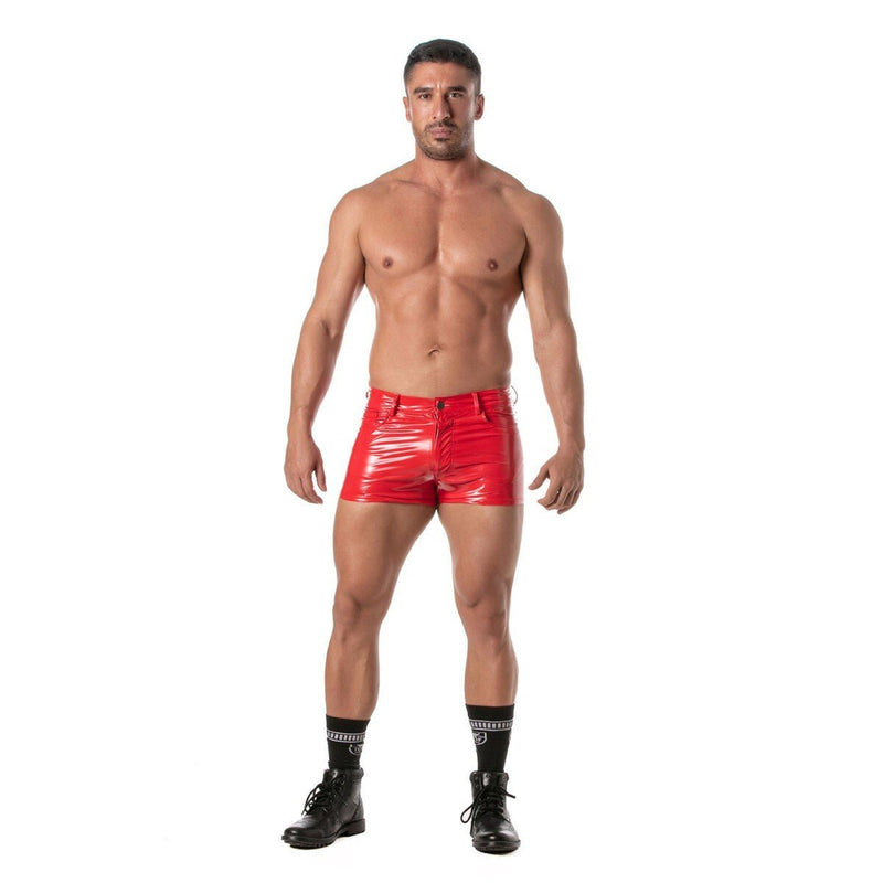 TOF PARIS Shiny Vinyl 5 Pockets Mid - Thigh Shorts in Bold Red 544