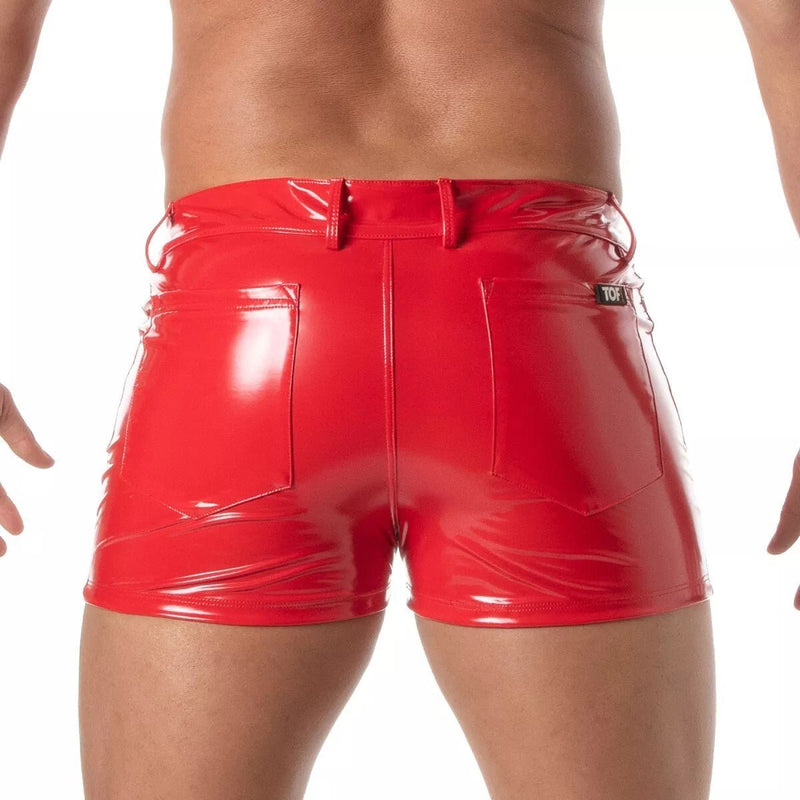 TOF PARIS Shiny Vinyl 5 Pockets Mid - Thigh Shorts in Bold Red 543