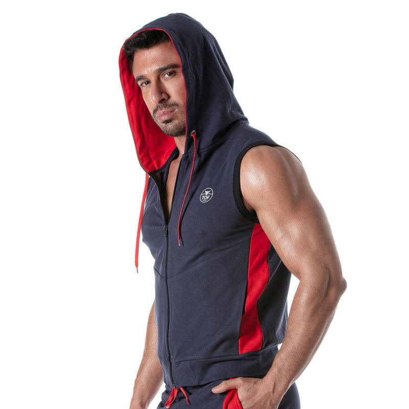 TOF PARIS Sleeveless Hoodie YKK Zipped Vest Tank Top Navy Marine