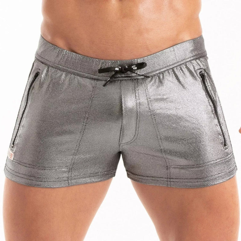 TOF PARIS Swim Shorts Metal 2 - Large Zipped Pockets Low - Rise Swimwear Silver 221