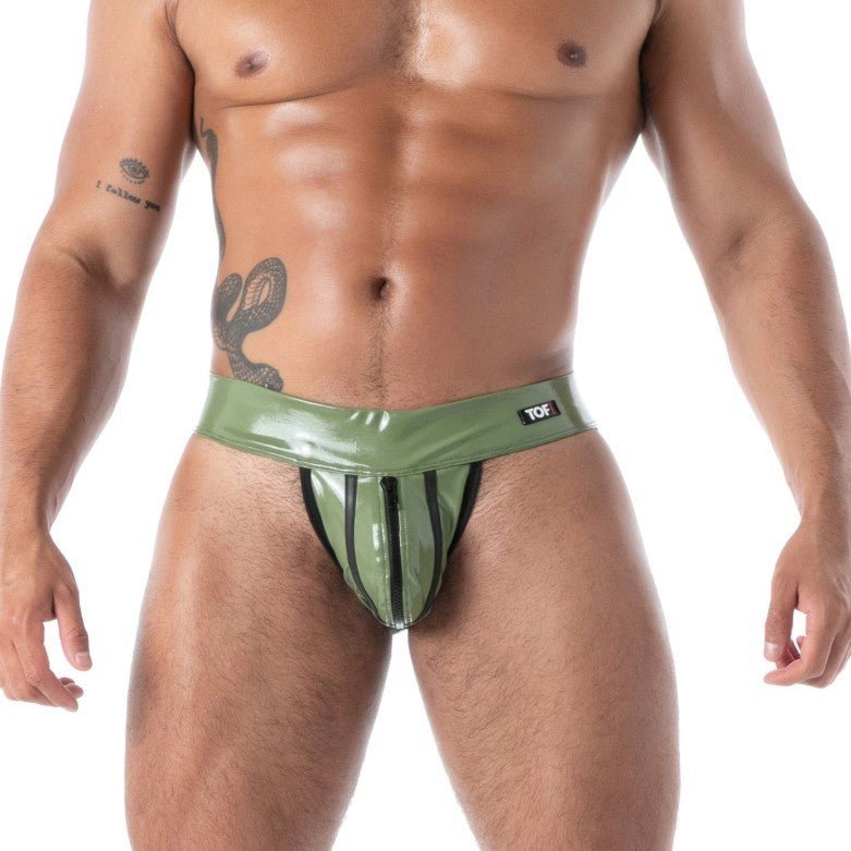 TOF PARIS Zipped Jock Latex Second - Skin Datex Jockstrap Khaki T11