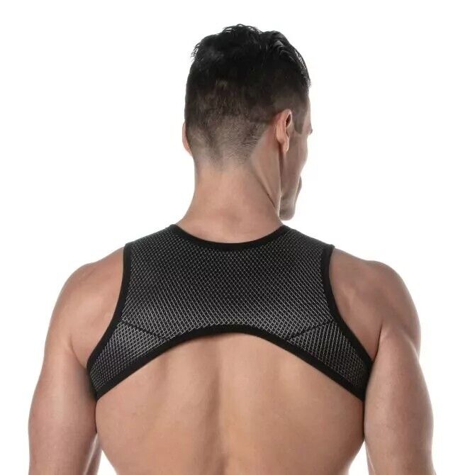 TOF PARIS Zipped Pocket Harness H - Shaped 3D Mesh Crop - Top in Black/Grey 513