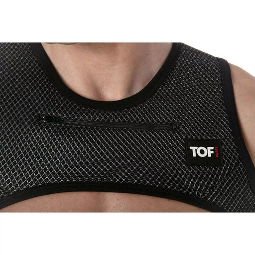 TOF PARIS Zipped Pocket Harness H - Shaped 3D Mesh Crop - Top in Black/Grey 512