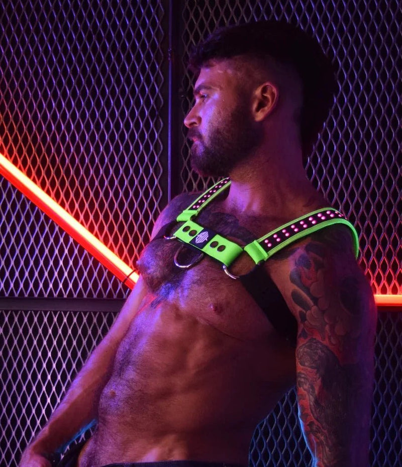20-LED COLORS HARNESS BREEDWELL STARLIGHT BULLDOG HARNESS NEON GREEN - SexyMenUnderwear.com