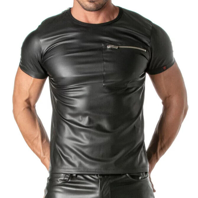 TOF PARIS Kinky Zippered Pockets T-Shirt High Quality Leather-Look Black Shirt 47B