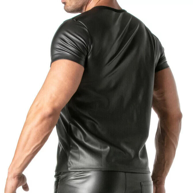 TOF PARIS Kinky Zippered Pockets T-Shirt High Quality Leather-Look Black Shirt 47B