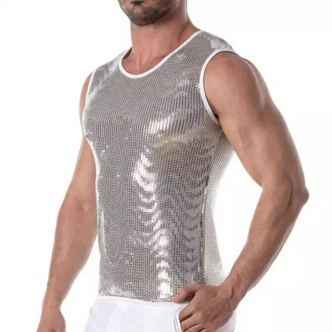 TOF PARIS Glitter Form-Fitting Tank Top Fashion Sequin Silver 15