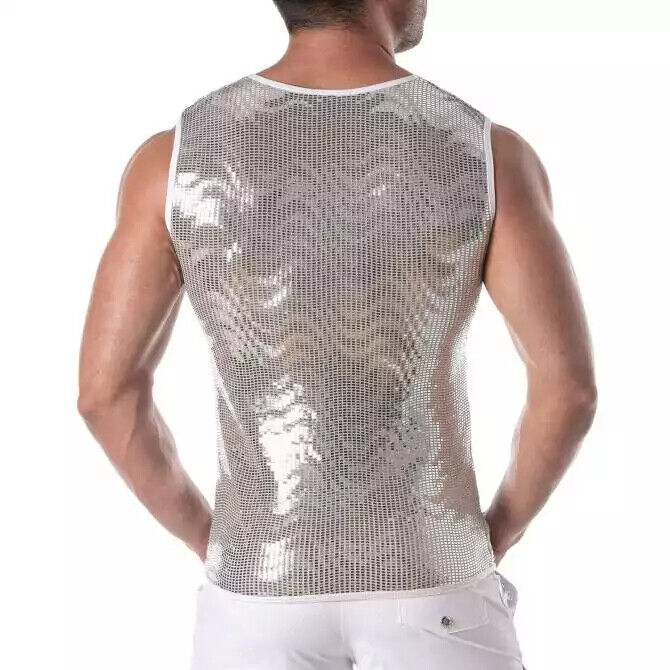 TOF PARIS Glitter Form-Fitting Tank Top Fashion Sequin Silver 15