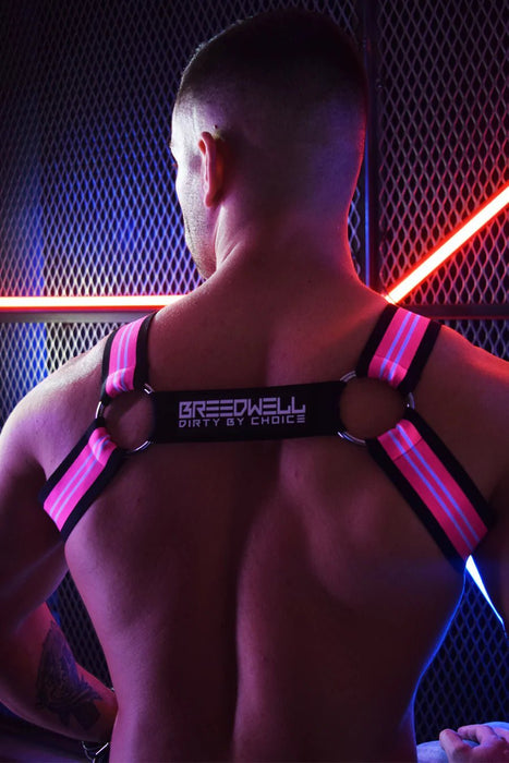 BREEDWELL BRUT Harness Classic Bulldog Style Soft Jacquard Stripe Neon Pink - SexyMenUnderwear.com
