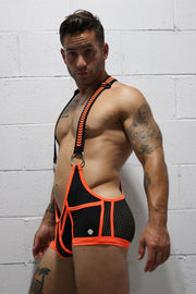 BREEDWELL Daycrawler Singlet 3D Rubberized Chevron Bodysuit in Orange Neon - SexyMenUnderwear.com
