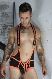 BREEDWELL Daycrawler Singlet 3D Rubberized Chevron Bodysuit in Orange Neon - SexyMenUnderwear.com