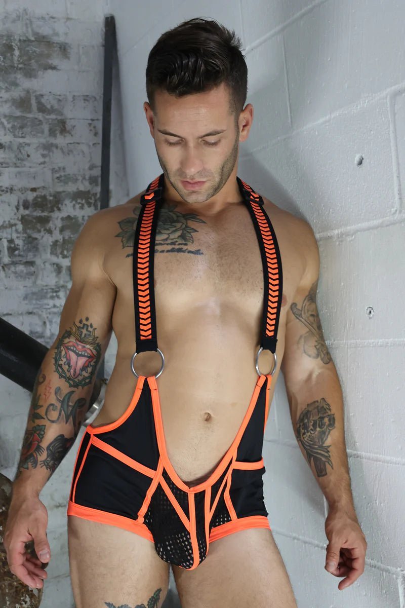 BREEDWELL Daycrawler Singlet 3D Rubberized Chevron Bodysuit in Orange Neon - SexyMenUnderwear.com
