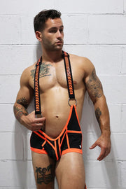 BREEDWELL Daycrawler Singlet 3D Rubberized Chevron Bodysuit in Orange Neon - SexyMenUnderwear.com