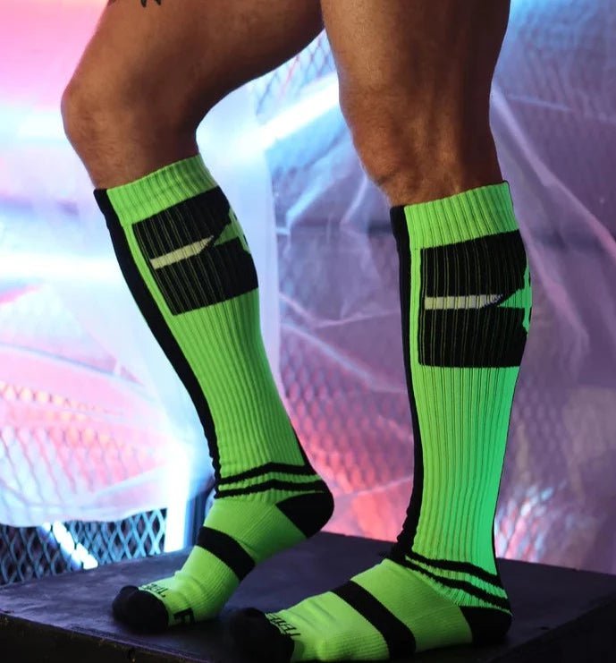 BREEDWELL Infinity Socks Ultra Luxurious Knee-High Sock Logo Stripes Neon Green - SexyMenUnderwear.com
