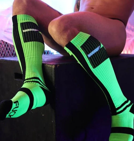 BREEDWELL Infinity Socks Ultra Luxurious Knee-High Sock Logo Stripes Neon Green - SexyMenUnderwear.com