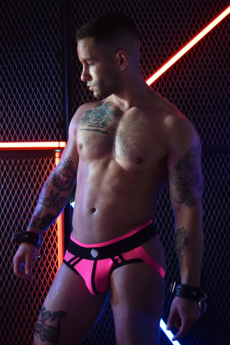 BREEDWELL Jockstrap AXEL Peek-A-Boo Jock Lined Mesh Pouch Neon Pink 19 - SexyMenUnderwear.com