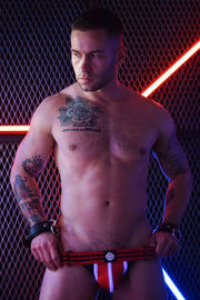 BREEDWELL Jockstrap NSA With Front Buckle & Stripe Mesh Pouch Red Jock 26 - SexyMenUnderwear.com