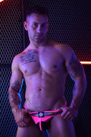 BREEDWELL Reflector Jock With Two D-Rings & Foil Stripe Knitted Neon Pink - SexyMenUnderwear.com