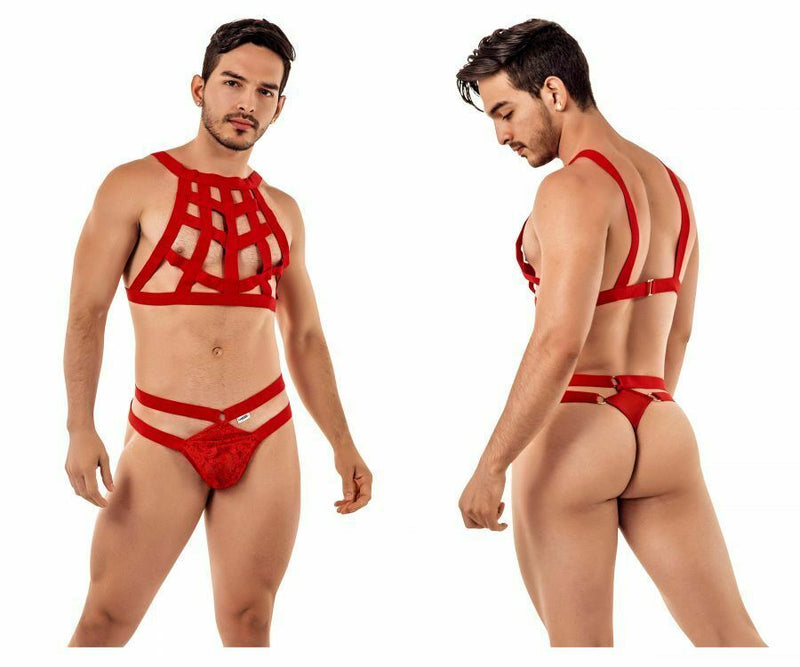 CANDYMAN Cage Harness Thong Stretchy Microfiber Red 99419 8 - SexyMenUnderwear.com