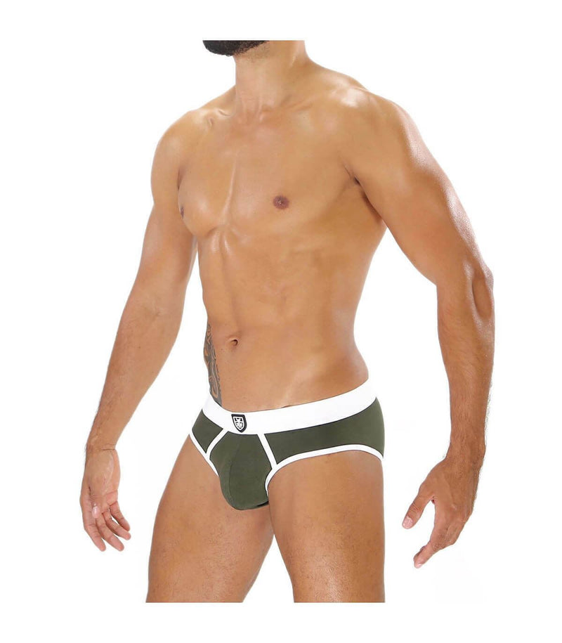 Clasic Briefs ''TOF PARIS ALPHA" Stretchy Cotton Jersey Khaki-White 30 - SexyMenUnderwear.com