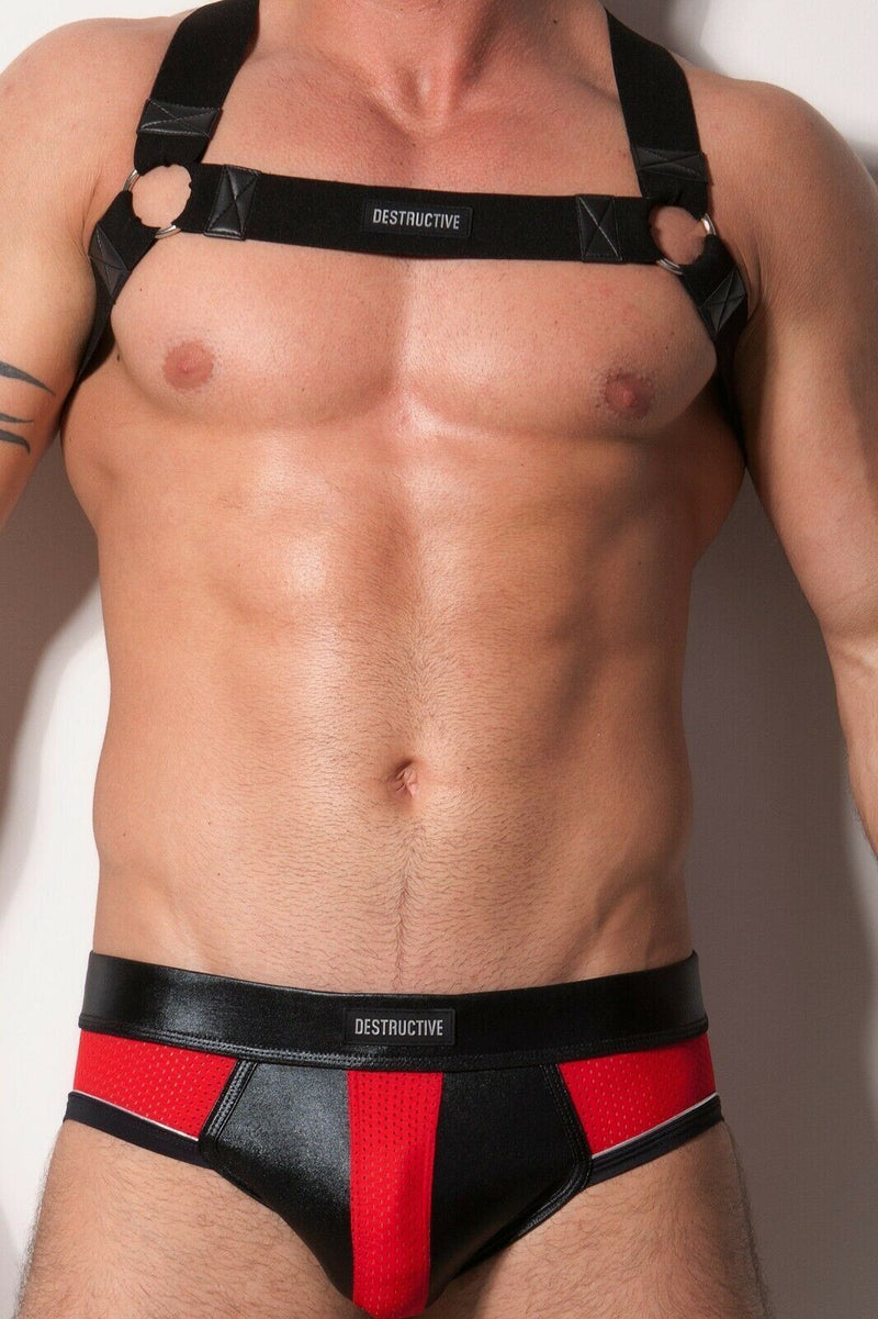 Destructive Fetish Brief Ergonomic Leather Pouch Extremely Breathable Red Mesh 8 - SexyMenUnderwear.com