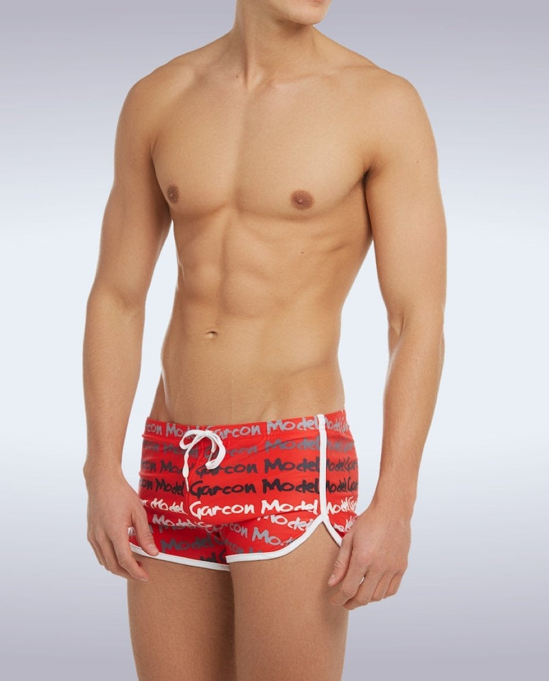 GARCON MODEL Swim-Short Graffiti Low-Rise Cut Red Swimwear 8 - SexyMenUnderwear.com