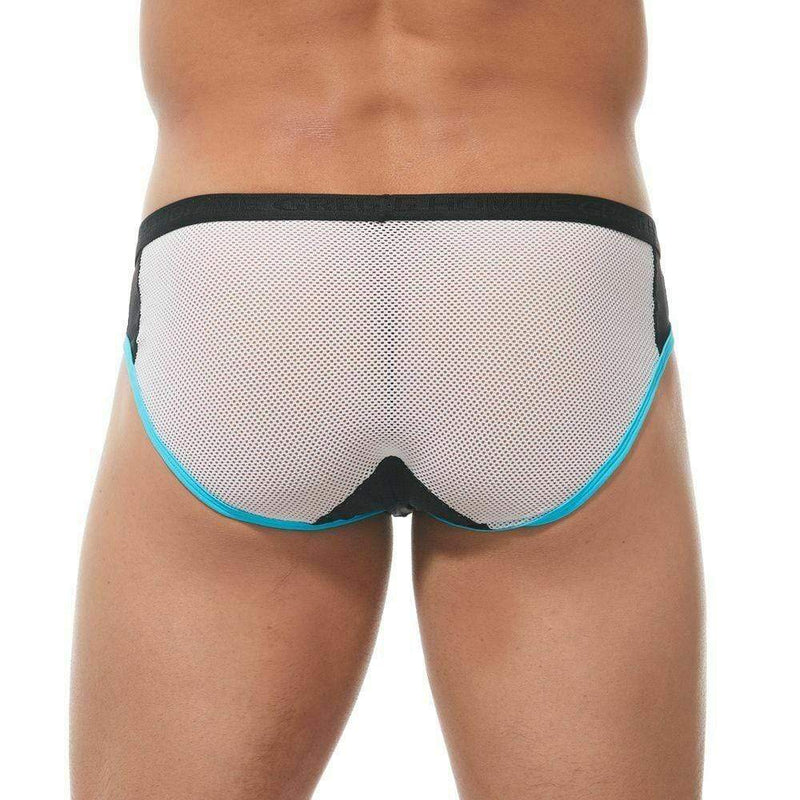 Gregg Homme Brief Challenger Sporty Slips Mesh Panels White/Aqua 170503 62 - SexyMenUnderwear.com