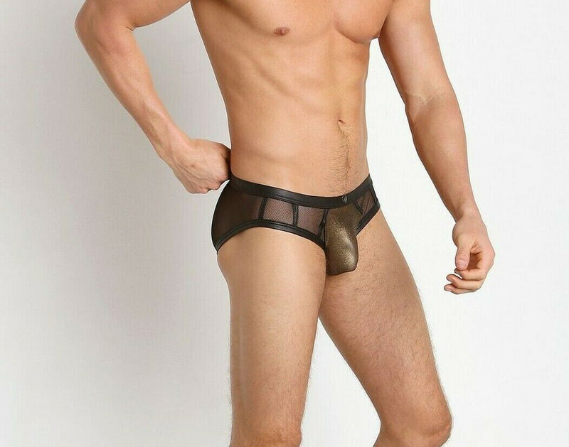 Gregg Homme Brief Mercury Mesh Slips Faux-Leather Metallic Gold 132603 77 - SexyMenUnderwear.com