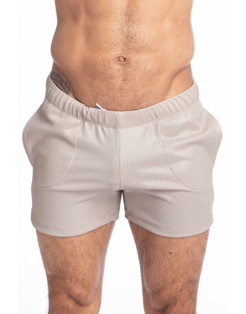L'Homme Invisible Short Slim-Fit Fitlad Shiny Lurex Shorts Beige RWSHO 5 - SexyMenUnderwear.com