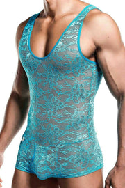 Malebasics Mob Singlet Lace Mens Sexy Bodysuit Dentelle Turquoise MBL17 2 - SexyMenUnderwear.com