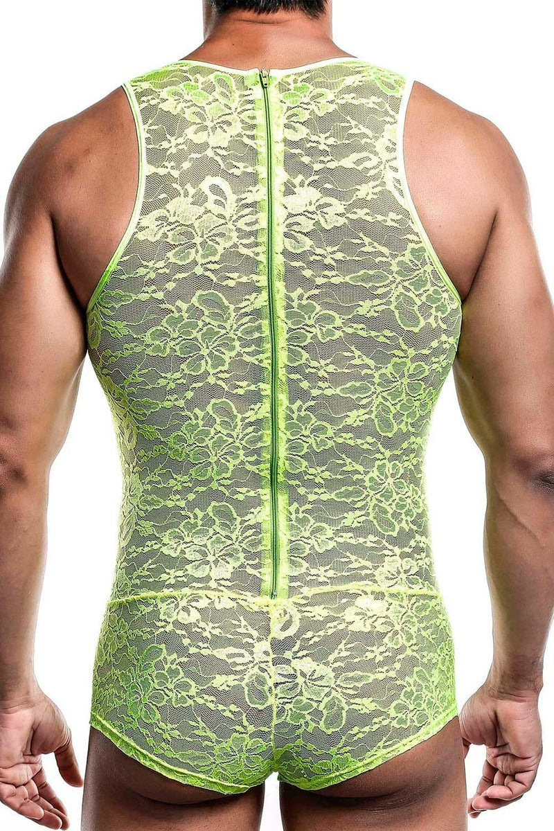 Malebasics Mob Singlet Lace Mens Sexy Bodysuit EroticWear Dentelle Lime MBL17 2 - SexyMenUnderwear.com