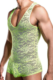 Malebasics Mob Singlet Lace Mens Sexy Bodysuit EroticWear Dentelle Lime MBL17 2 - SexyMenUnderwear.com